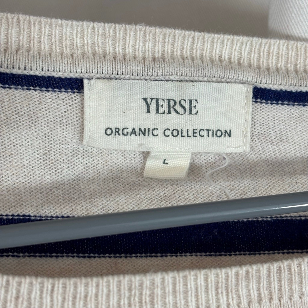 Women's YERSE Beige & Navy Striped Breton Crew Neck Sweater Size L - Picture 4 of 4
